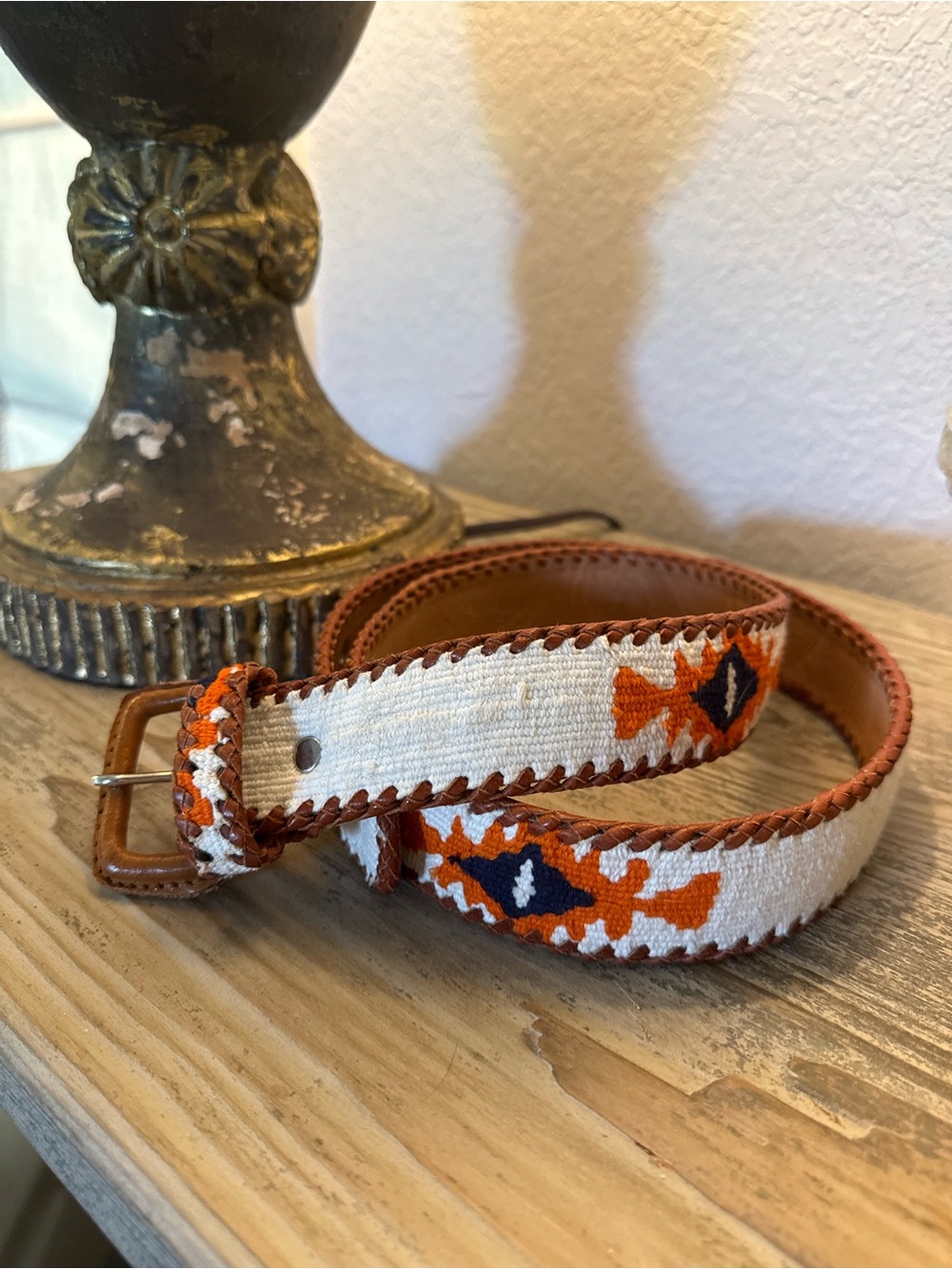 Arloom belt Woven Embroidered Leather-Trim Belt in Cream & Orange